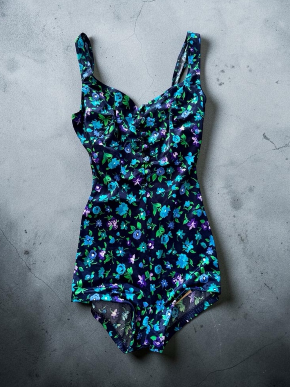 Vtg 70s Maxine of Hollywood Blue Floral One Piece Sz 10 Swimsuit Low Back Retro